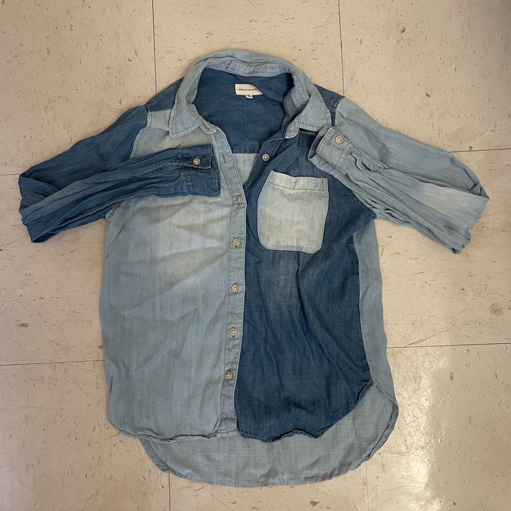 denim patchwork button up shirt
